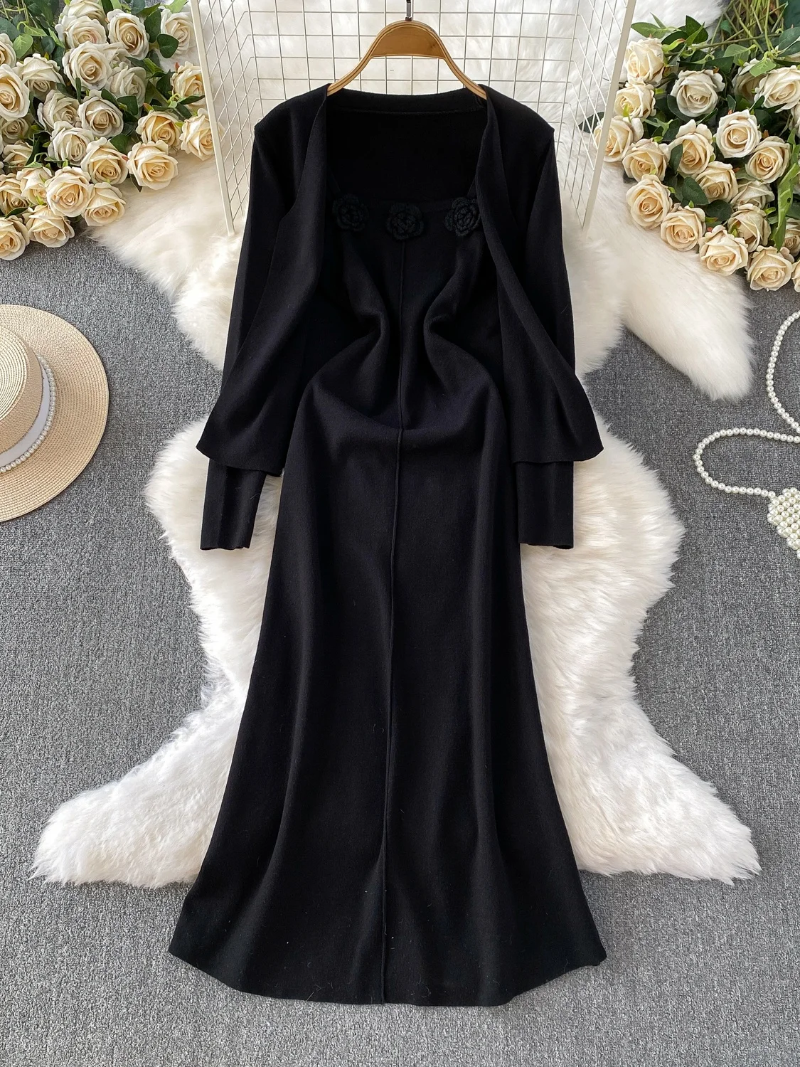 

Вязаный кардиган с V-образным вырезом и 3D-вышивкой в виде цветов, приталенный, с эффектом утяжки талии, длинный комплект для осени и зимы, модная женская одежда