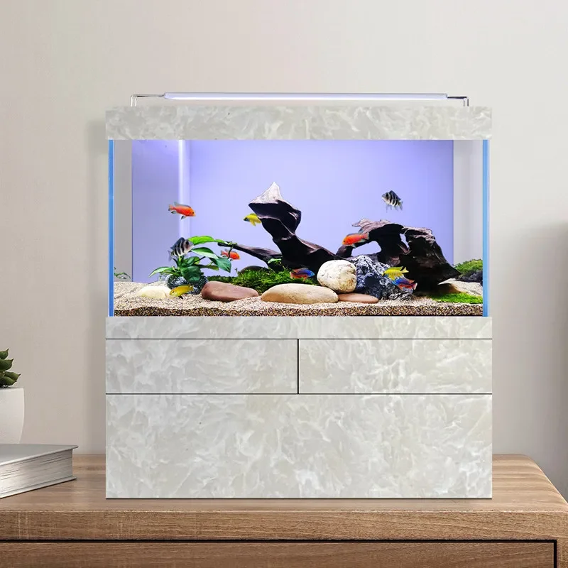 A Fish Tank Living Room Desktop Ecological Landscaping Water-free Household Bottom Filter Fish Tank Integrated Ultra-white
