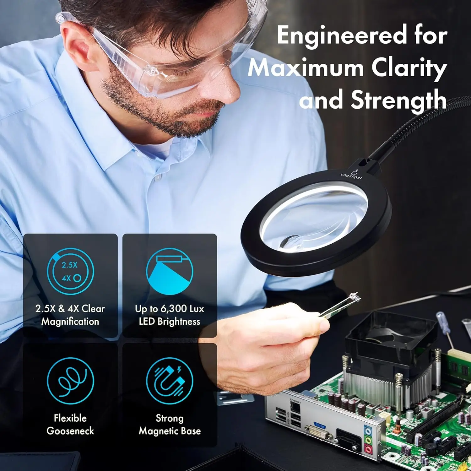 Lampada da lavoro magnetica, lampada LED a collo di cigno flessibile da 23,5 pollici con lente d'ingrandimento, 3400Lux, 10,5 W, 110 V