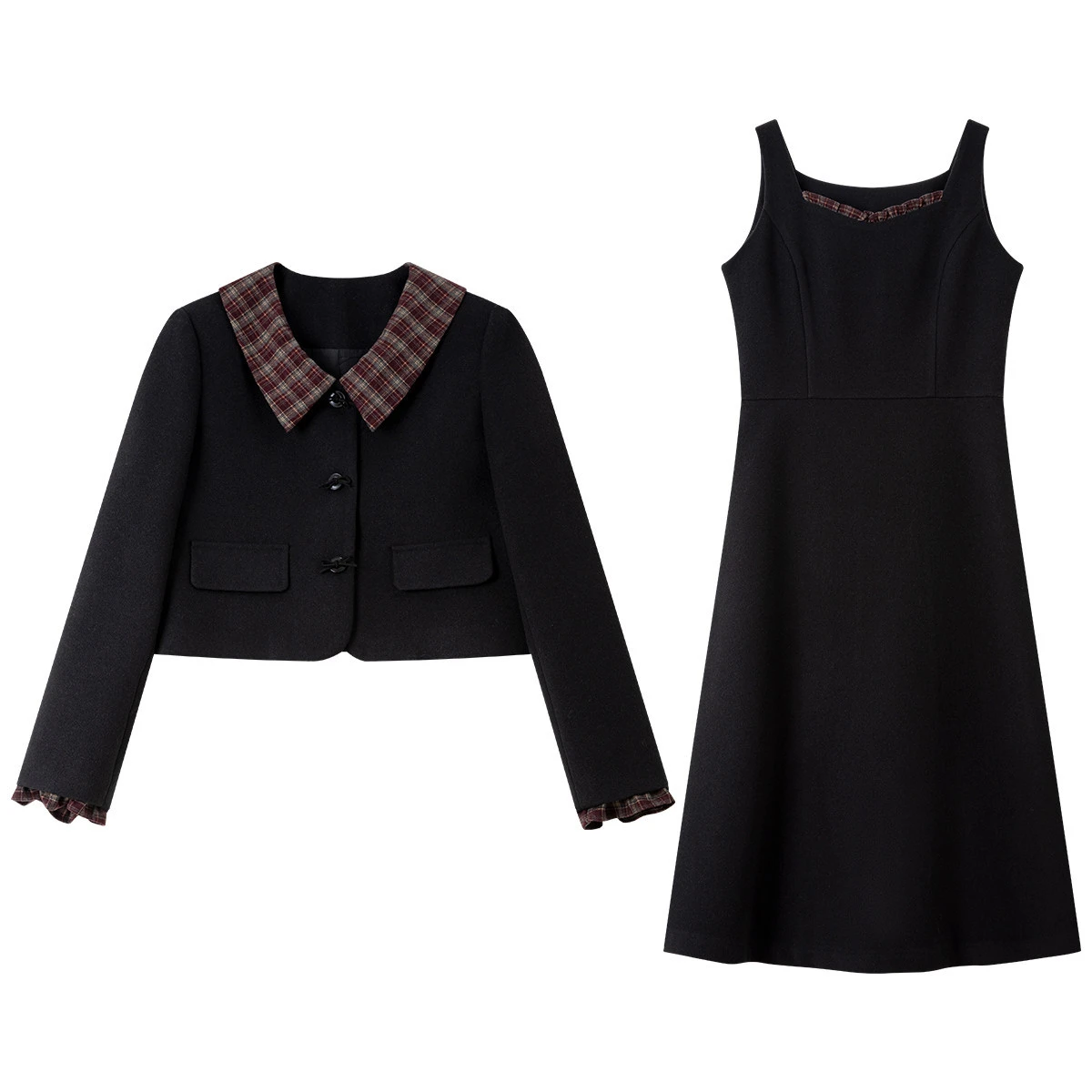 VIMLY Black Commuter Two-piece Set for Women 2026 Autumn New Plaid Lapel Coat Tank Midi Dress Elegant Matching Outfit A3588