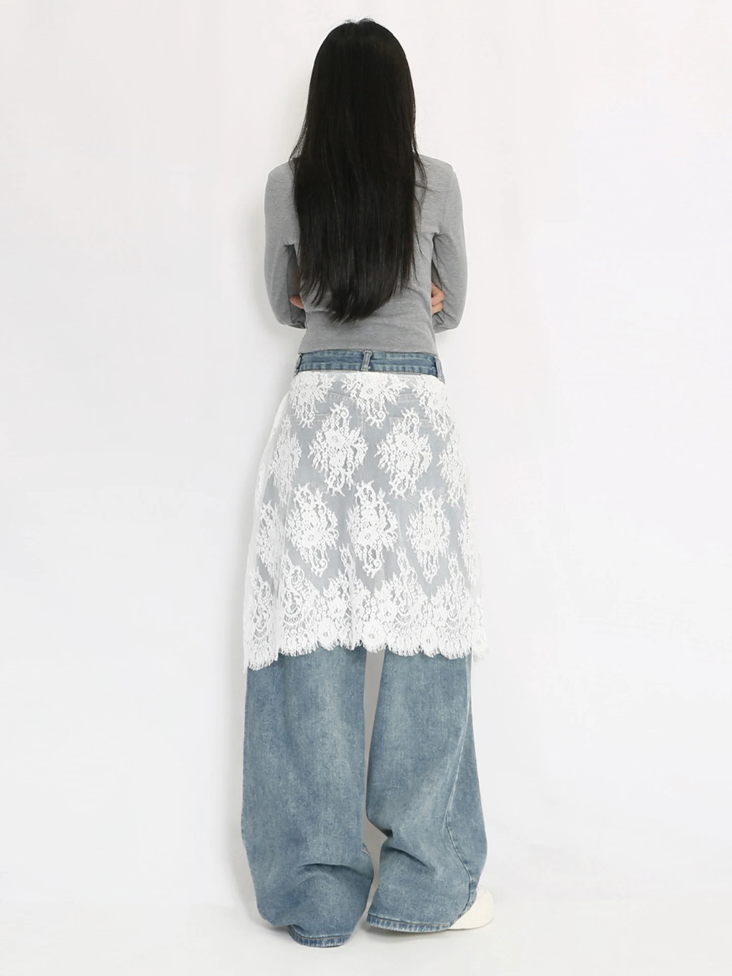 الخريف تصميم الدانتيل الربط واسعة الساق الجينز المرأة فضفاضة مستقيم قطع الجينز عارضة عالية الخصر سستة الأزرق الدنيم النسيج