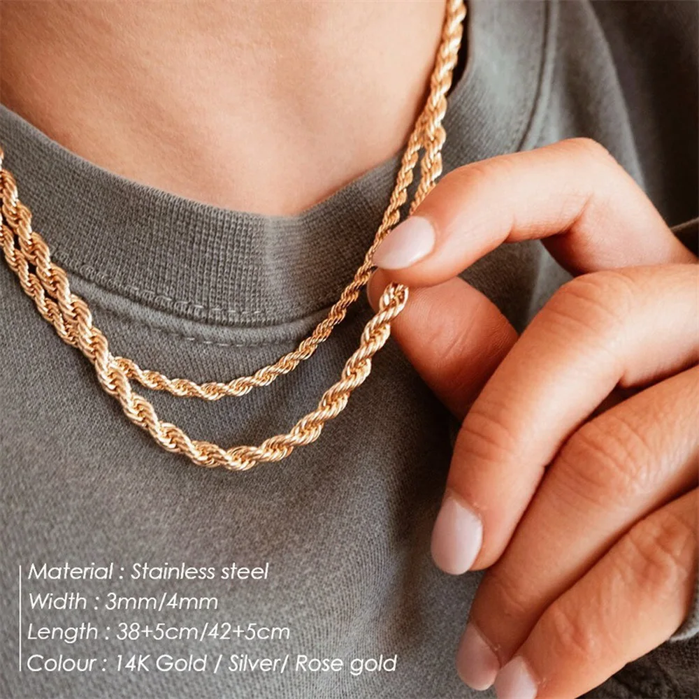14K Vergoldete Edelstahl-Seilkette für Männer und Frauen 3mm 4mm Gedrehte Gliederkette Wasserdichter Minimalistischer Schmuck
