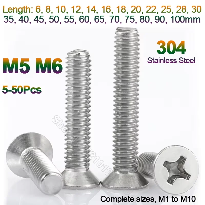 

10-50pcs M5 M6 304 A2-70 Stainless Steel Cross Phillips Flat Countersunk Head Screw Bolts Length 6 8 10 12 14 16 18-100mm GB819