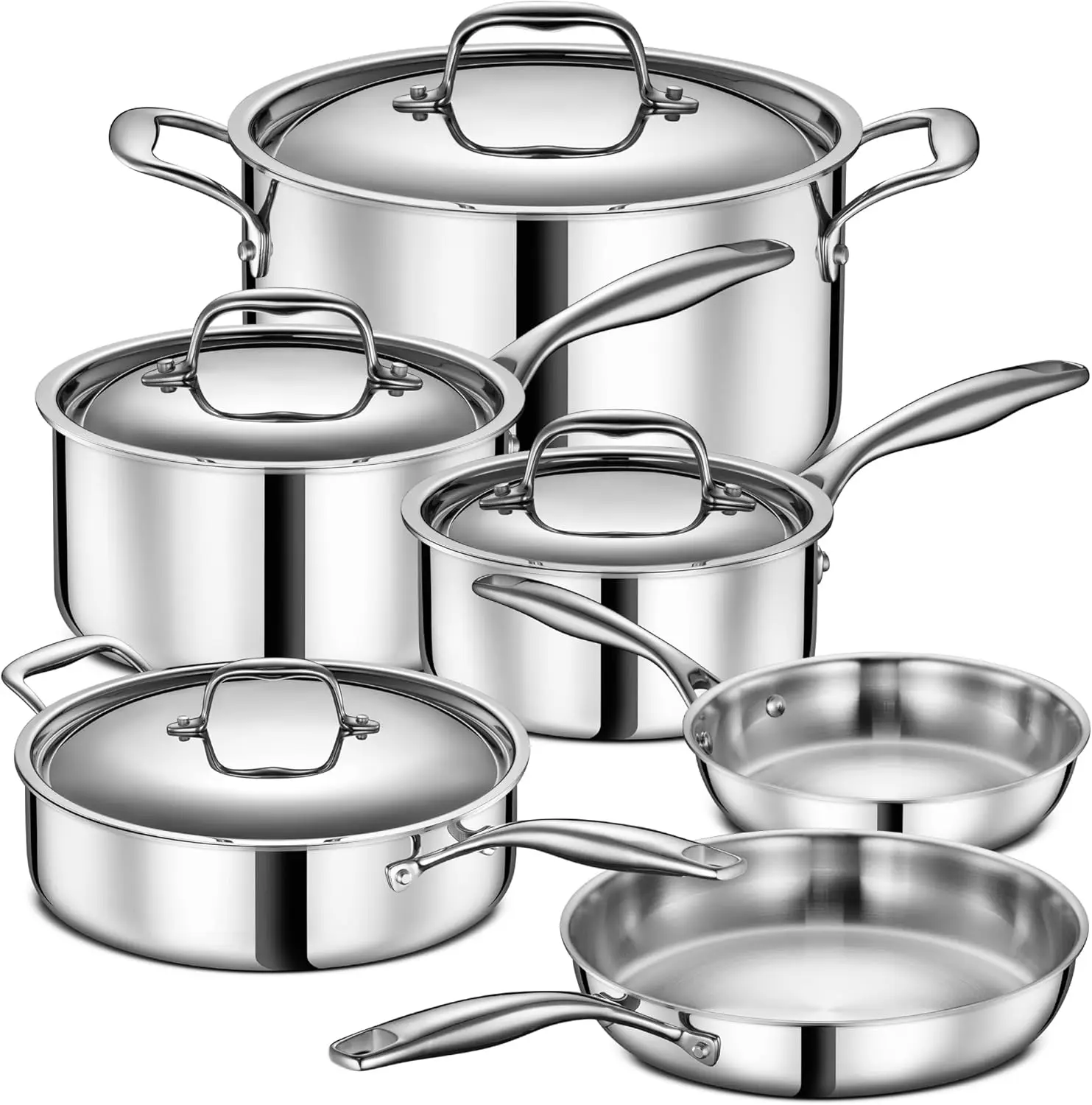 Set Alat masak สแตนเลส3ชั้น-10ชิ้นหุ้มทั้งหมดเหนี่ยวนำปลอดสารพิษเตาอบปลอดภัยดีที่สุด18/0หม้อและกระทะมืออาชีพ