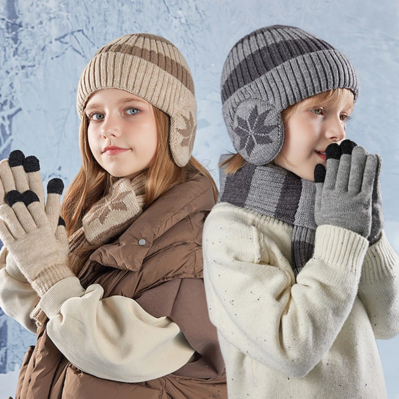 

3Pcs Children Winter Hat Scarf Gloves Set Plush Lining Kids Knitted Hat with Earflap Child Bonnet Beanie Neck Warmer Suit 4-10Y