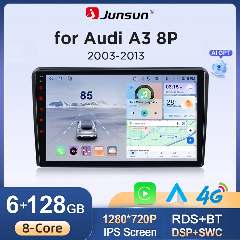 Autoradio sans fil Junsun CarPlay Android Auto pour Audi A3 S3 RS3 8P 2003-2013, navigation GPS, lecteur multimédia, WiFi 4G, DSP, RDS, Bluetooth, FM, AM, SWC, écran tactile IPS, autoradio stéréo, ventilateur de refroidissement, DAB, 2DIN