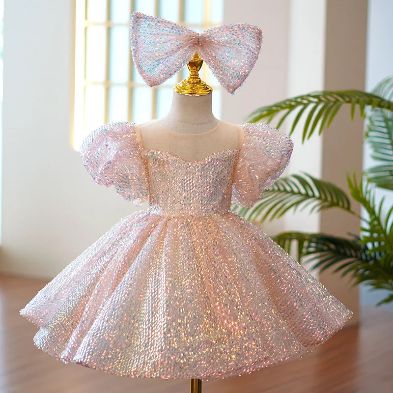 Kids Sparkly Sequin Formal Dress Toddler Girls 1st Birthday Outfit Piano Recital Host Pageant Party Tutu Dress for 80-160cm