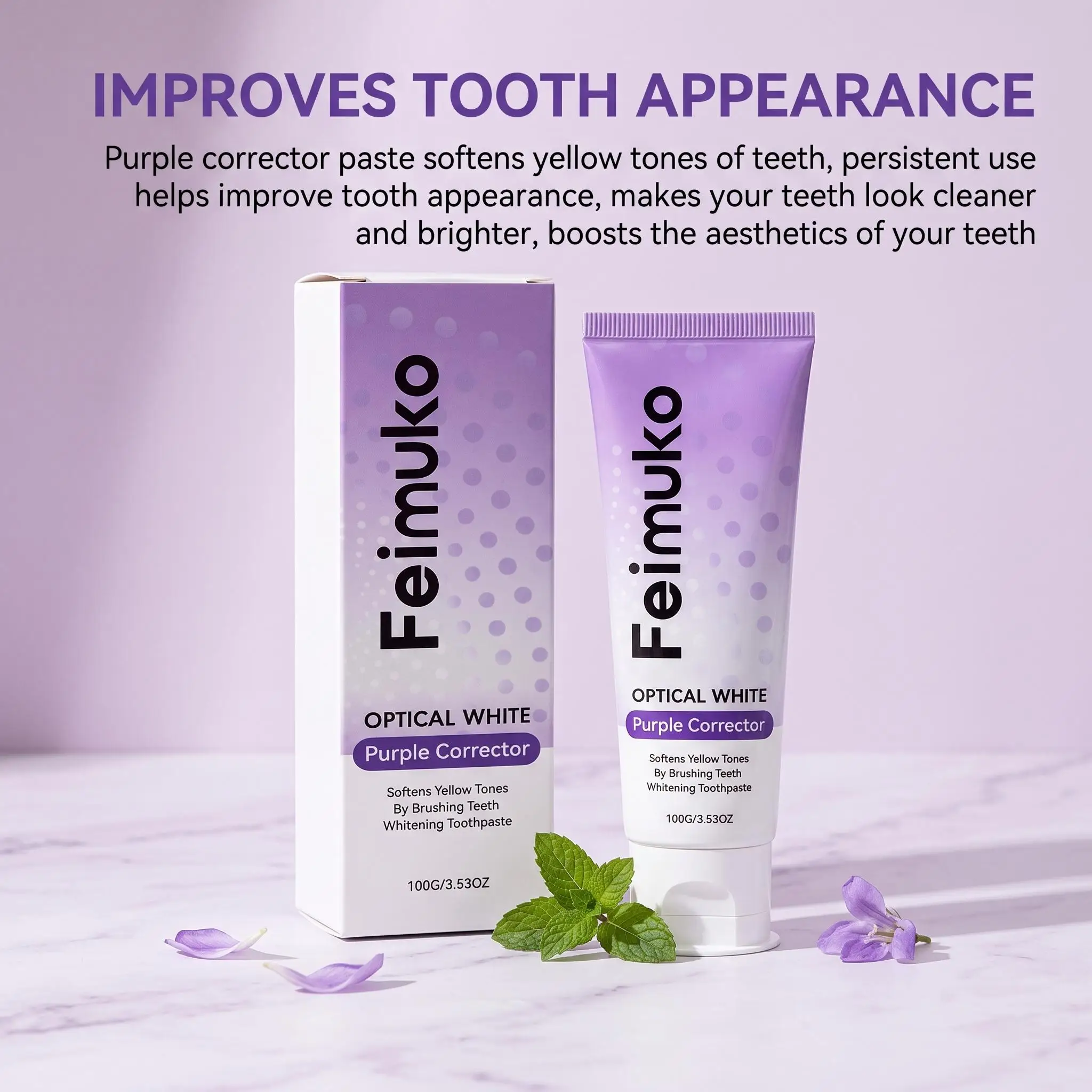 Feimuko Purple Brightening Toothpaste Color Corrector Stain Removal Reduce Yellow Teeth Fresh Breath Enamel Safe Daily Oral Care
