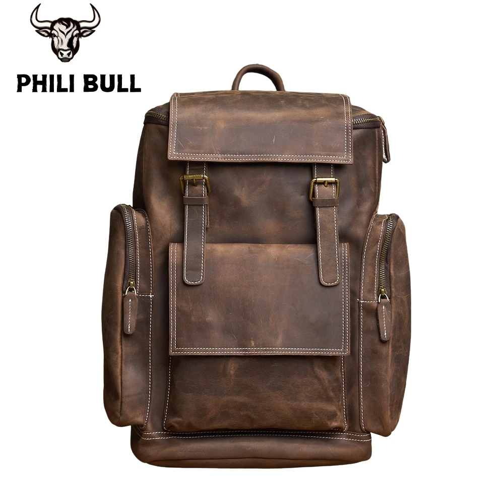 

Genuine Leather Men's Backpack Retro Backpack Camping Bag Luggage Backpack Hiking Bag Can Be Fixed In The Luggage Trolley