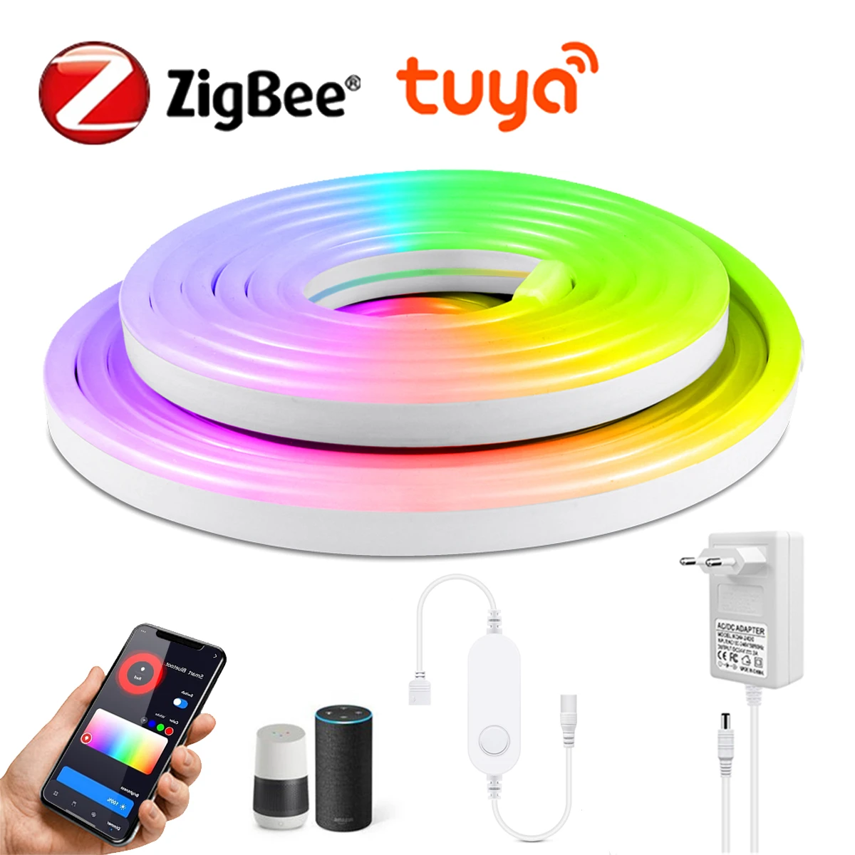 1Roll 5M Tuya Zigbee 3.0 DC12V RGB Neon LED Strip Dimmable Backlight Tape Lamp Room Decor Lighting for Alexa Google Home Voice