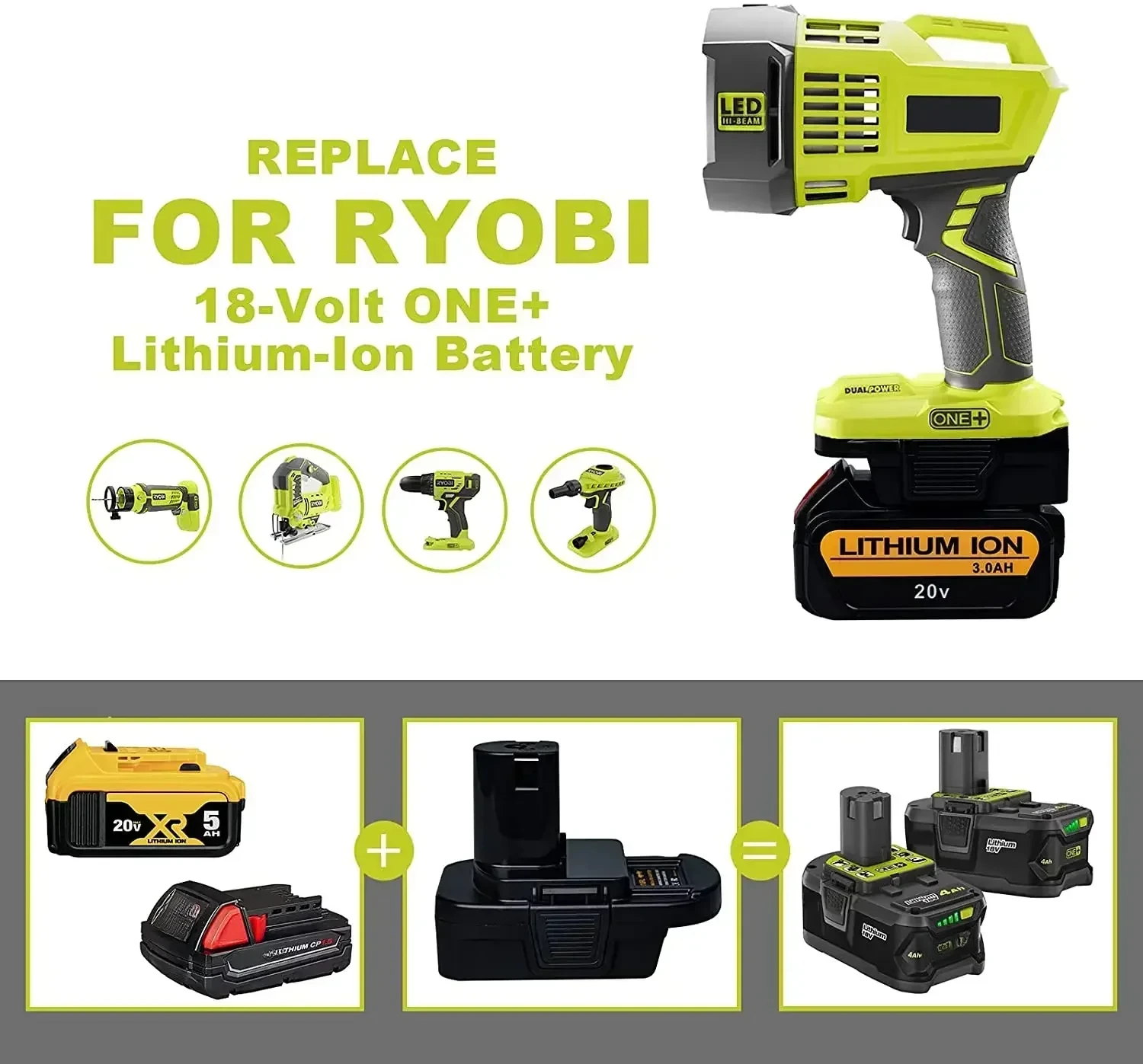 Imagem -06 - Adaptador Conversor de Bateria Dm18rl Usb para Ryobi 18v Conversor de Ferramenta para Dewalt 20v para Milwaukee 18v Adaptador de Bateria de Íon-lítio