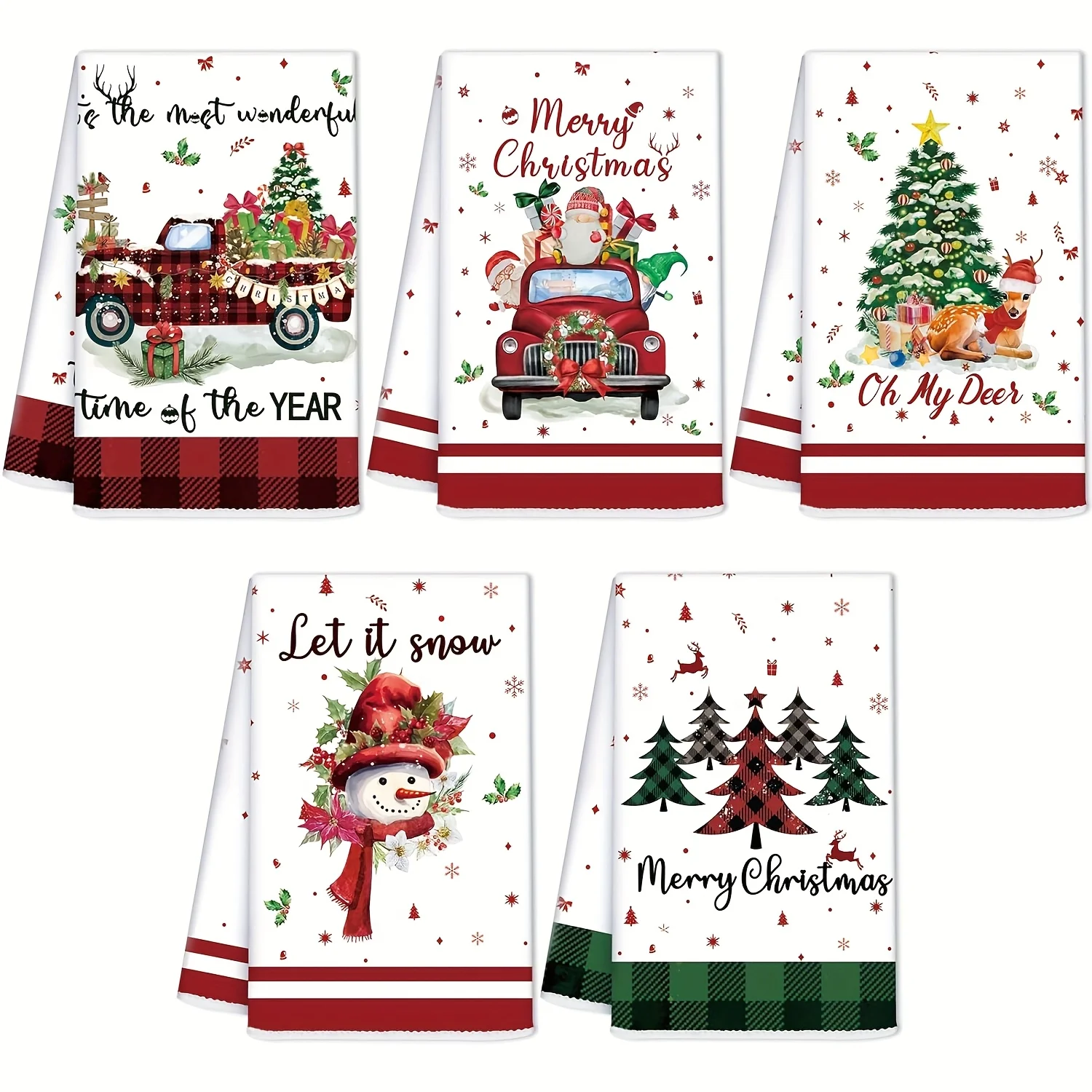 5pcs Home Christmas Kitchen Towels Embroidered, Dishcloths Decoration For Xmas With Plaid, Waffle Weave Cute Tree, Santa, Bell.
