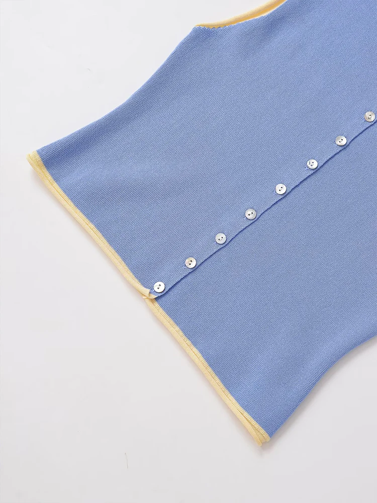 Europejski i amerykański styl, nowa kolekcja jesienna, damska odzież, patchworkowy, ozdobny, okrągły dekolt, bezrękawnik, dzianinowy top.