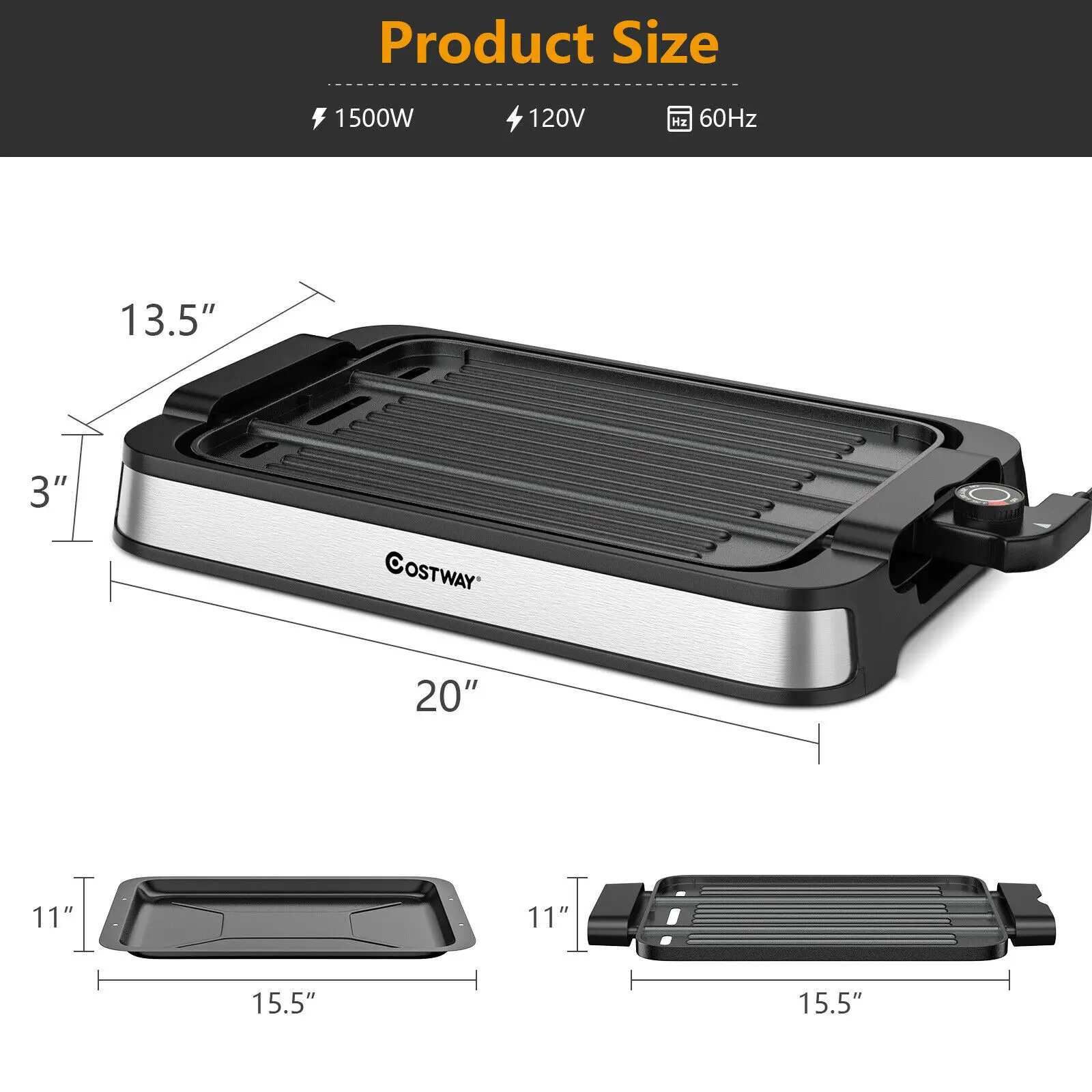 Costway 1500W Smokeless Indoor Grill Electric Griddle w/ Non-stick Cooking Plate EP24926US