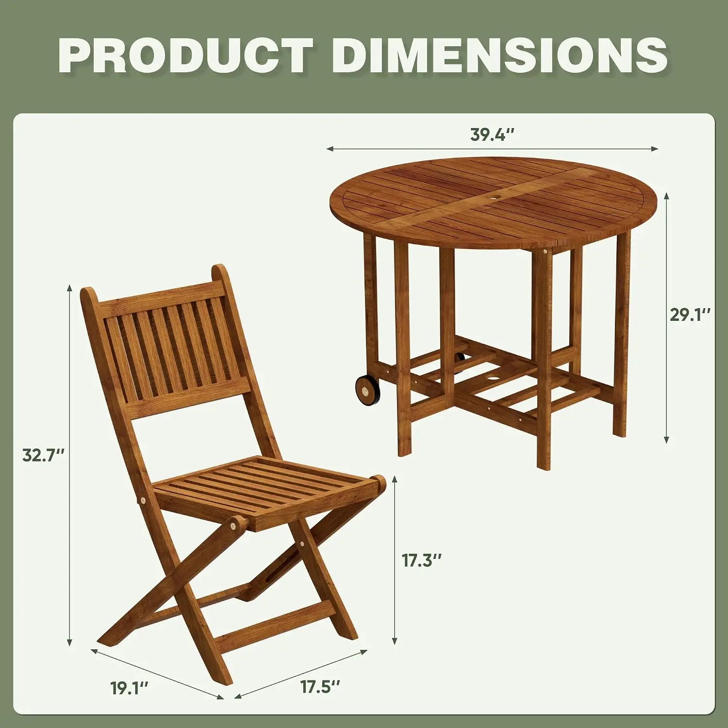 Wood Folding Dining Set 5-Piece All-Weather Patio Round Table & Chair Garden Deck Backyard, Customized