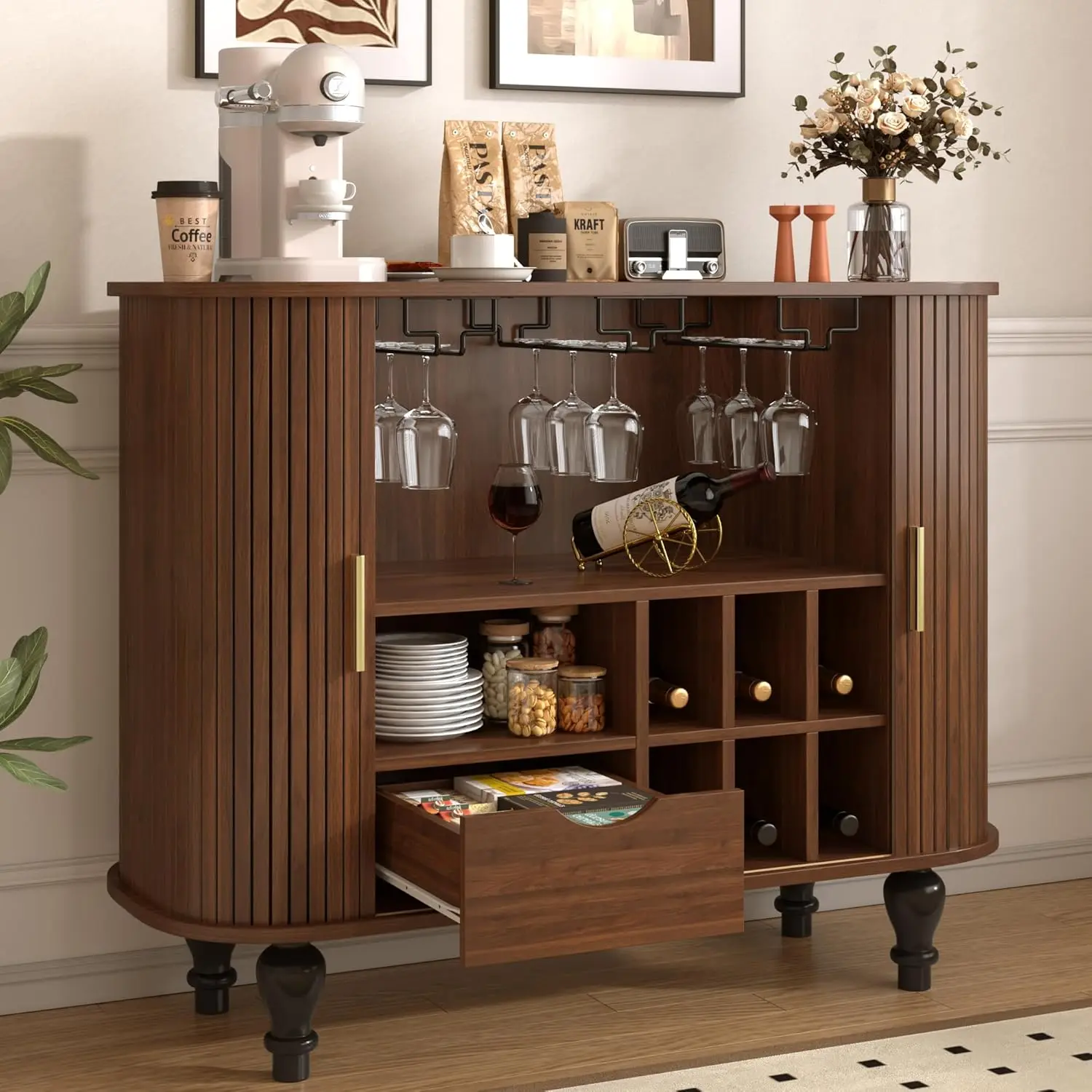 

Coffee & Liquor Bar Cabinet 39" with Wine Racks Glass Holders Large Drawer Hidden Side Storage Mid-Century Modern Farmhouse Side