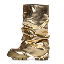 2024 European/american New Thick Soled Gold Performance Runway Fashion Boots With Pleats Leg Boots Retro Personalized Boots
