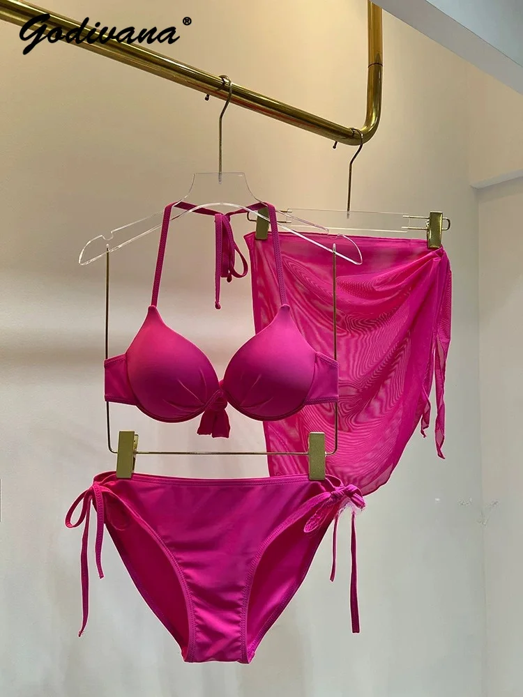 Solid Color 3‑Piece Bikini Set Underwire Push‑Up Padded Three‑Point Bathing Suit Women's Sexy Swimwear