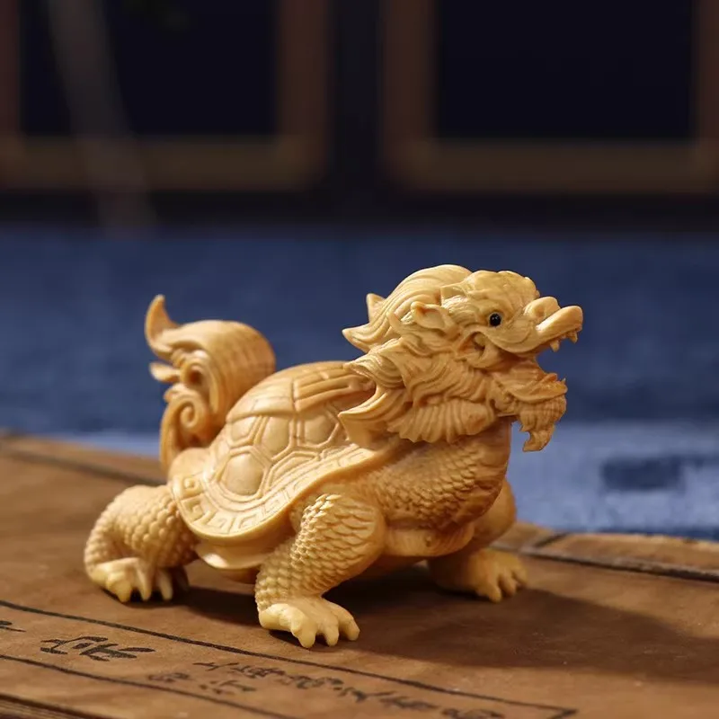 Dragon-Tortoise in Your Palm - Boxwood Handheld Sculpture of the Mighty Ao, Palming Attracts Fortune & Offers All-Around Protect