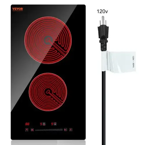 

Встроенная крышка электрической плиты, 20 x 11,6 дюймов, 2 конфорки, стеклянная радиальная варочная панель 110 В с сенсорным управлением, таймером и замком от детей