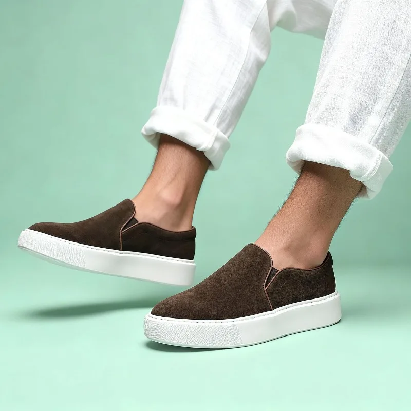 Men's New Leather One-pedal Youth Trend Light Luxury Cow Suede Thick-soled Heightening Loafers Board Shoes Casual Sneakers