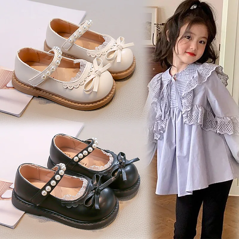 

Girls Leather Shoes 1-18 Years Old Bow Pearl Girls Performance Shoes Spring Fall Lightweight Non-slip Children's Single Shoes