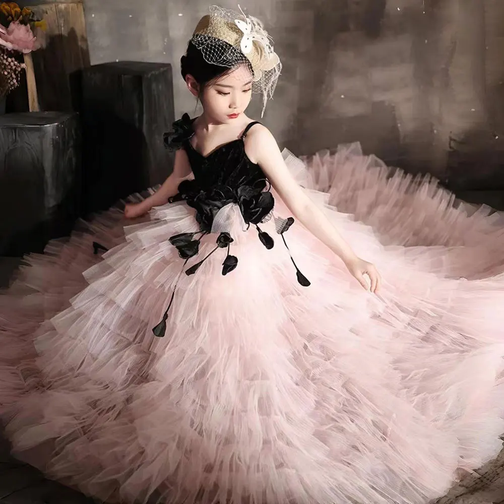 Jill Wish elegante rosa Dubai Girl Dress Flowers arabo Princess Kids Wedding Birthday Party prima comunione Ball Gown 2024 J269