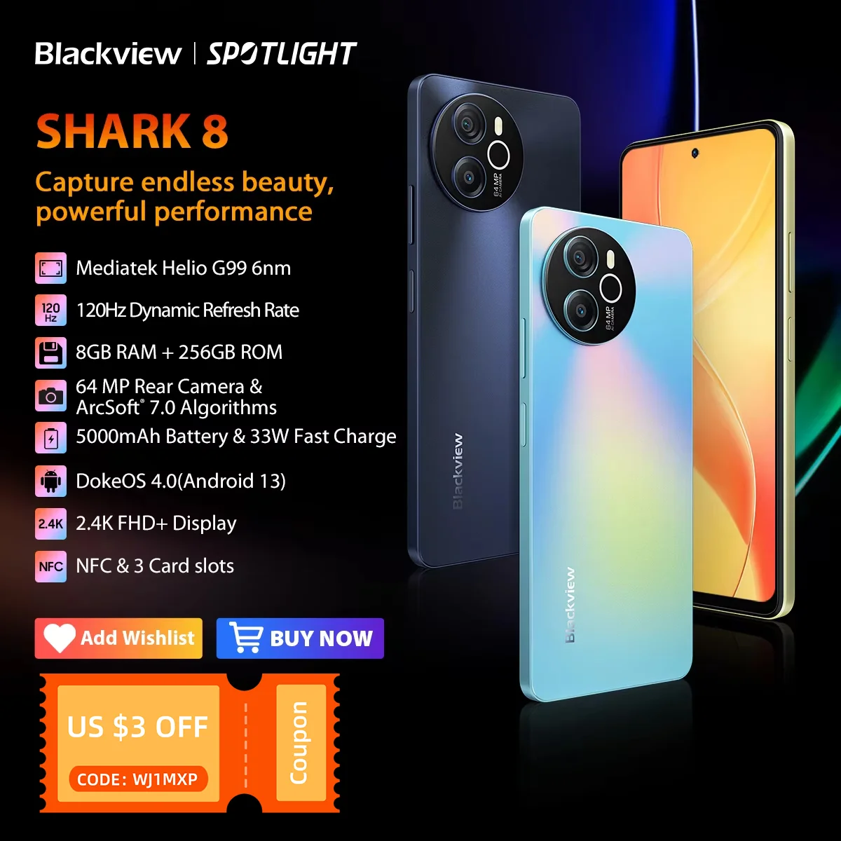 Blackview SHARK 8 Unlocked Smartphone Android13 Mobile Phone, Helio G99 16GB 128GB/256GB, 6.78'' 2.4K Display 64MP Cellphone NFC