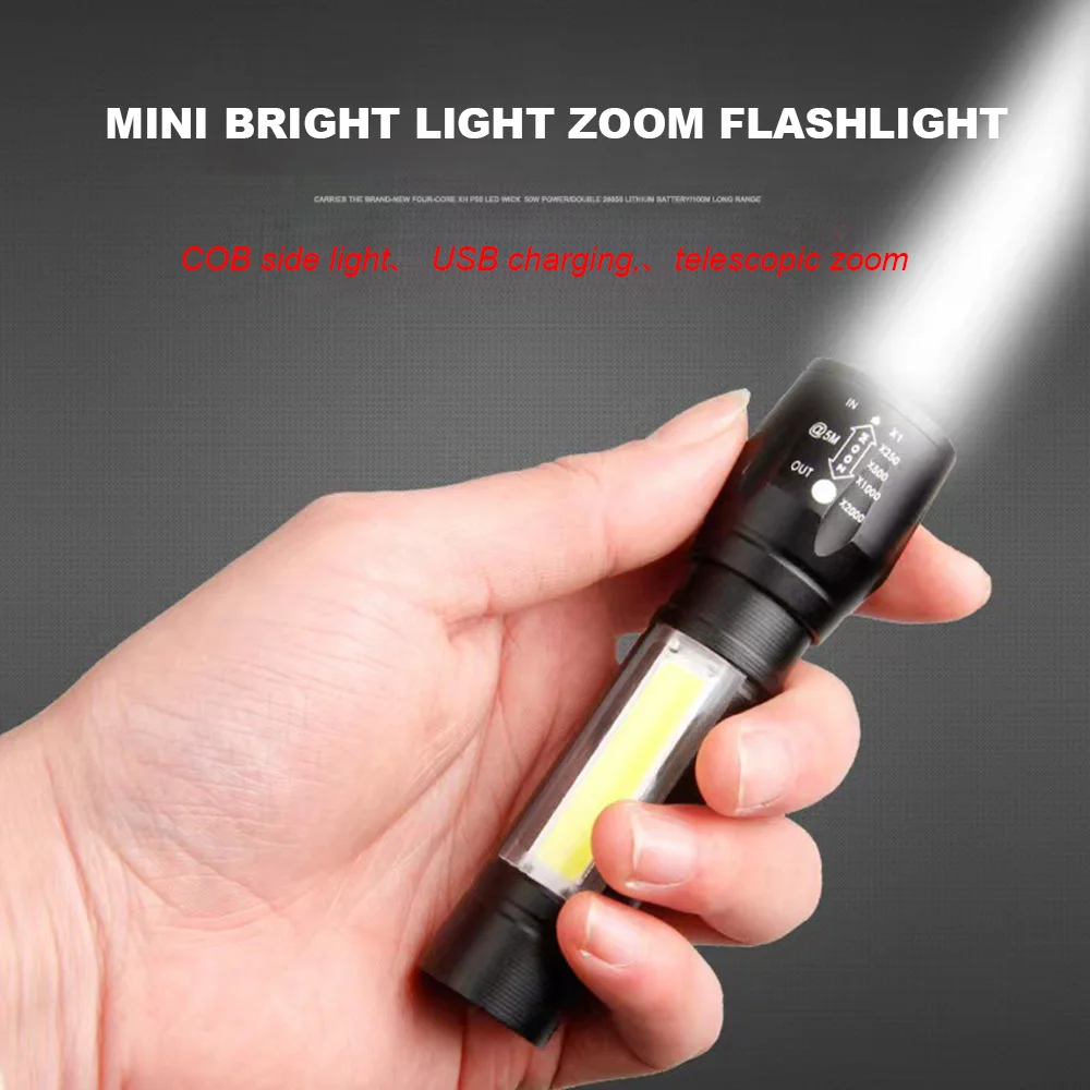 Mini Strong Light 14500 Battery COB Telescopic Zoom Mountaineering Wild Fishing Night Running Riding Aluminum Alloy Flashlight