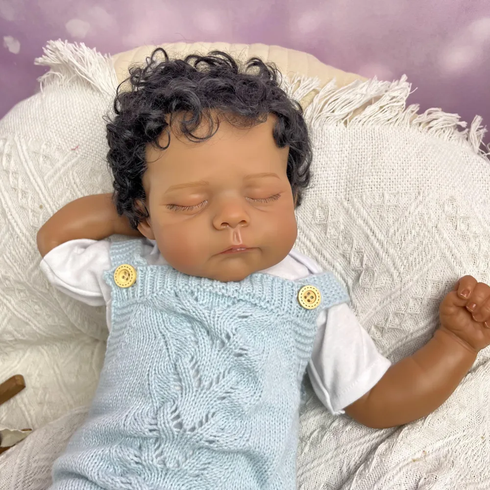 

BZDOLL 19 Inch Handmade Asleep Reborn Baby Doll, 48CM Black Skin Curly Hair Vinyl Limbs Cloth Body, Realistic Newborn Toy