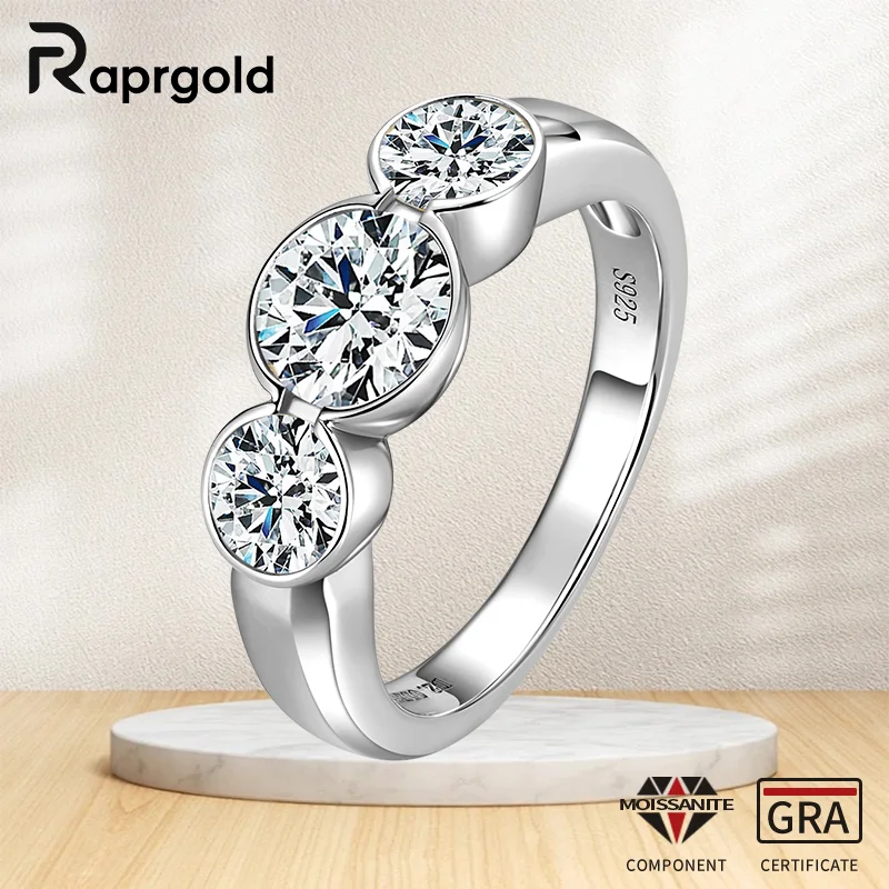 

RAPRGOLD GRA Certified Three Round Moissanite Stone Delicate Engagement Ring for Women S925 Sterling Silver Wedding Jewelry Gift