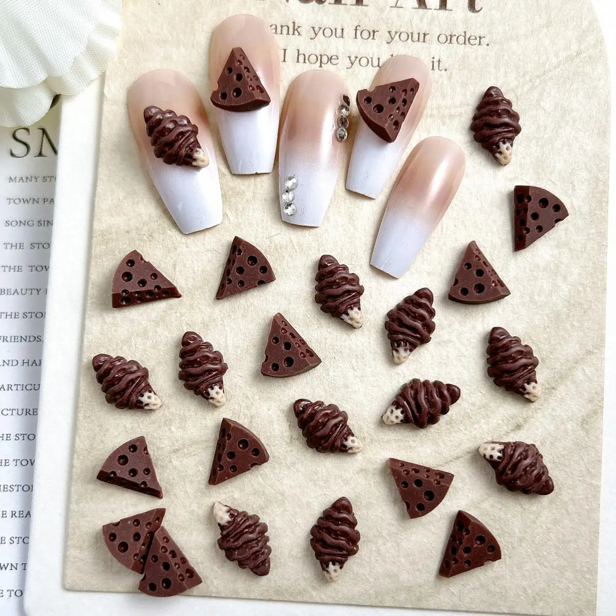 50PCS 3D Simulated Luminous Chocolate Ice Cream Nail Charms Resin Coffee Triangle Cheese Hair Clip Nail Art DIY Accessories