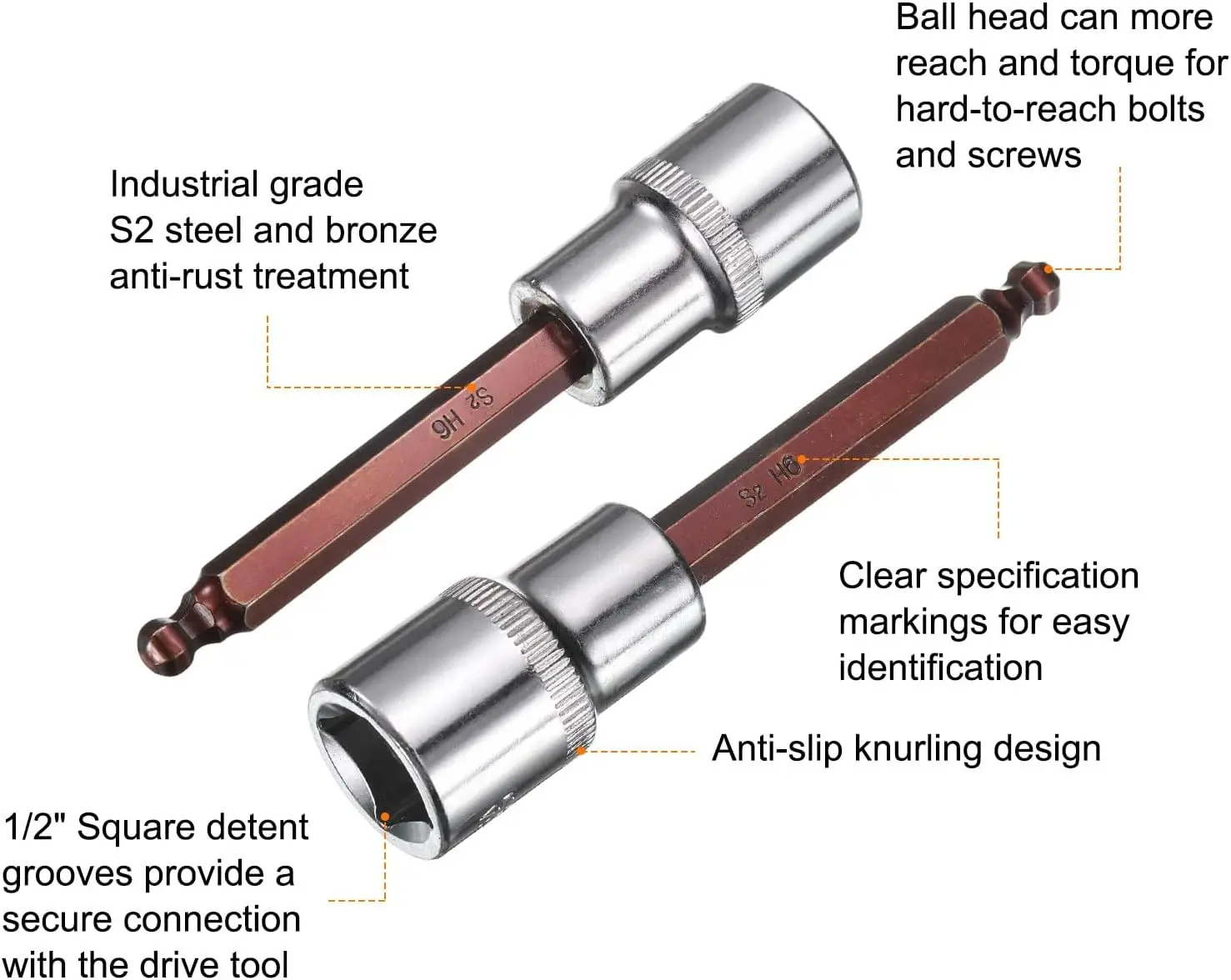 6mm ボールエンド六角ビット 1/2インチ角ドライブソケットセット S2 & CR-V スチールビット