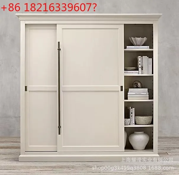 

American retro old ivory white solid wood sliding sliding door large wardrobe bedroom
