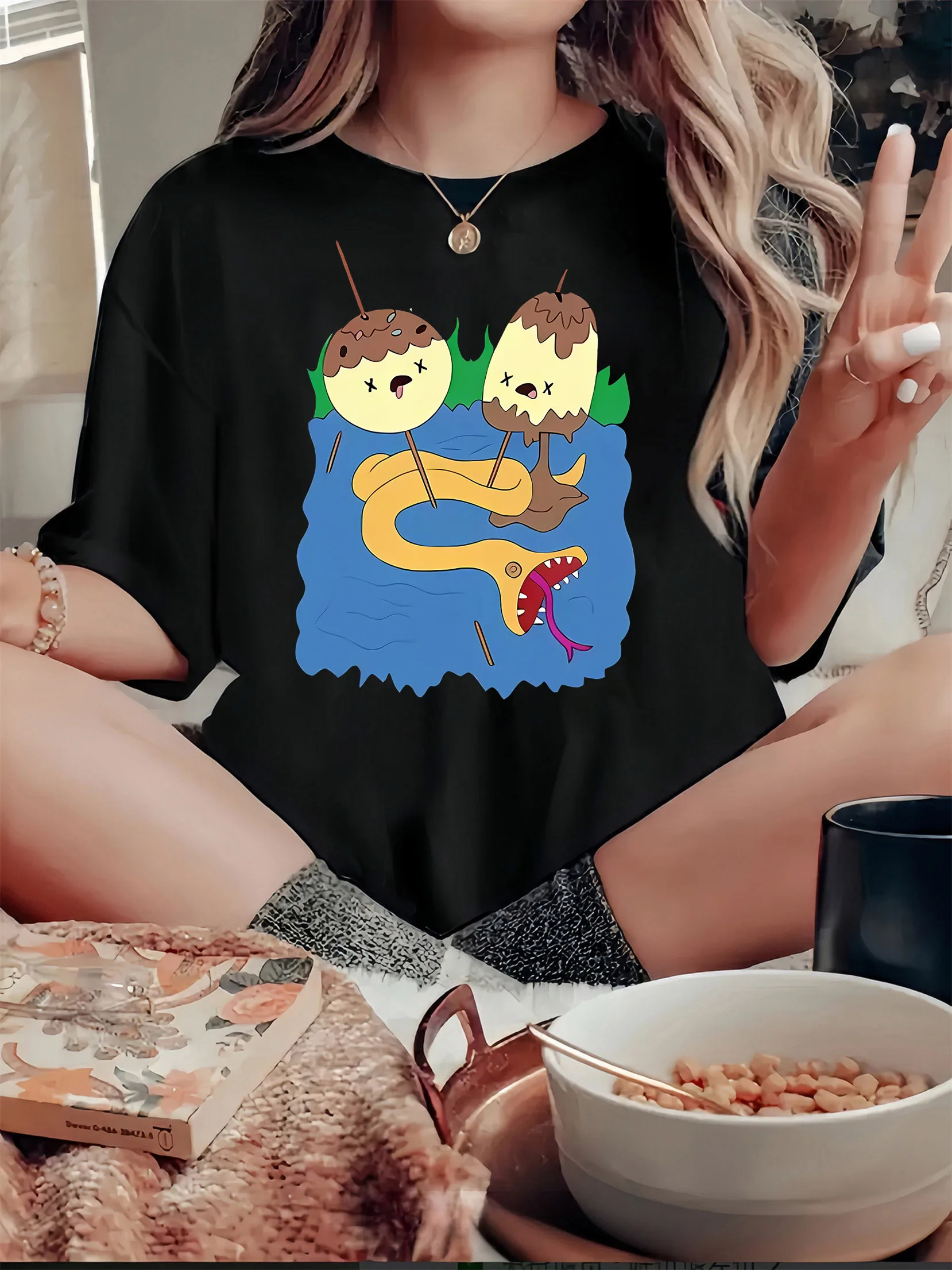 

Cartoon Snake Graphic Printing Summer Autumn and Winter Pure Cotton Men's and Women's T-shirts Short Sleeves Luxury Outdoor