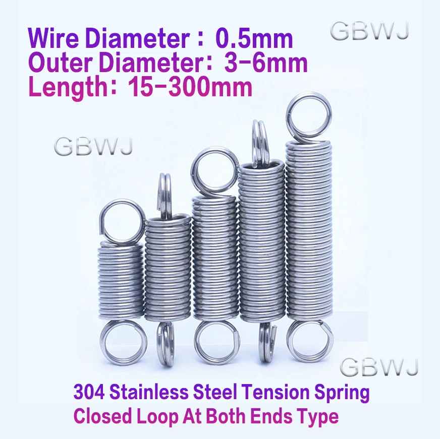 304 Stainless Steel Tension Spring Wire Diameter 0.5mm O Ring Cylindroid Spring Stretching Spring Length 15mm~300mm