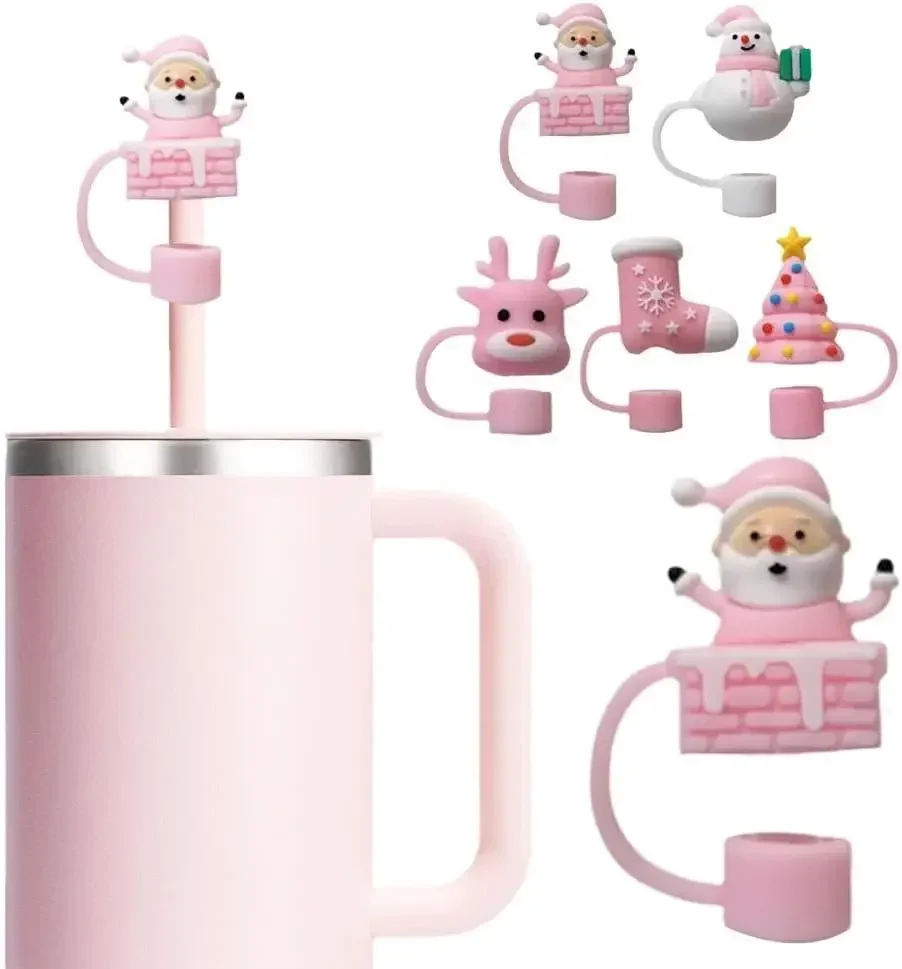 5Pcs 10mm Christmas Pink Series Straw Covers Cap For Stanley Cup Tumblers Mug Accessories Silicone Straw Topper Reusable