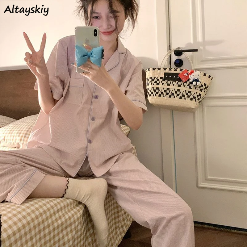 Ins Pajama Sets Women Striped Japan Style Kawaii Students Causal Simple Loungewear Short-sleeved Comfortable Two Piece Outifits