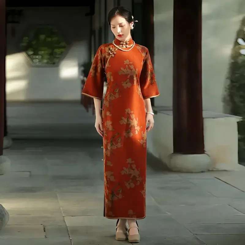 Vestido Qipao estilo chinês feminino, estampado laranja, gola de pé, mangas de comprimento médio, cheongsam moderno, medieval