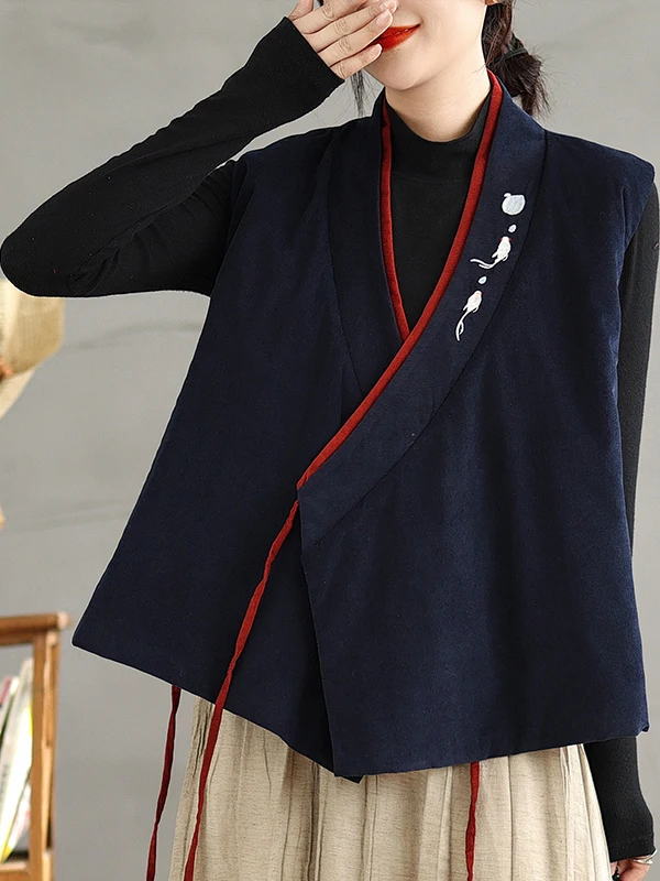 New 2025 Autumn Winter Loose Fit Embroidered Belted Chinese Sle Retro Corduroy Vest Large Size Women's Han Su Can oulder