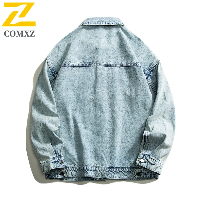 COMXZ Men Cotton Denim Jacket 2025 Casual Hip Hop Style Motorcycle Coat Vintage American Fashion Autumn Washed Denim Jackets