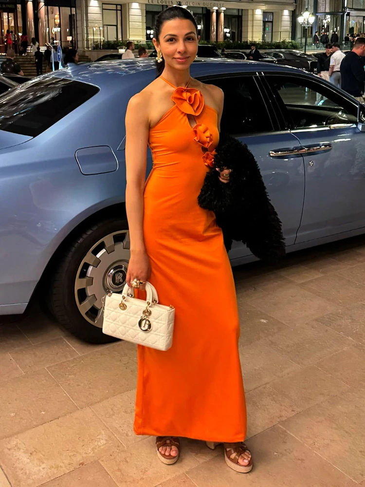 Vestido largo naranja Sexy con tirantes finos y cordones para mujer, vestido largo con cuello Halter en 3D con flores Stero recortadas, vestidos ajustados para fiesta de cóctel
