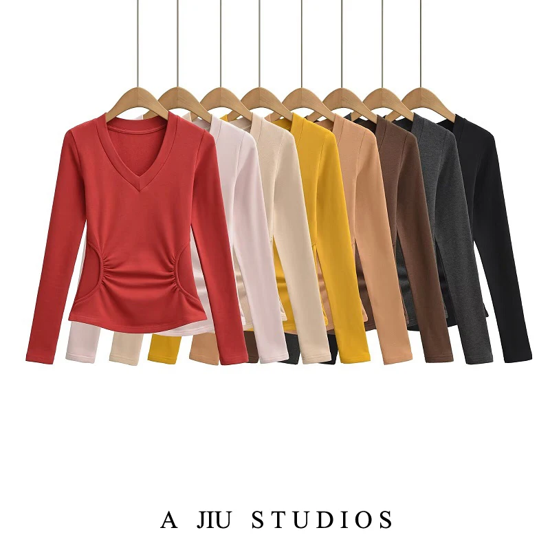 

Slim Fit Long Sve Fce Lined V Ne T irt Women's Autumn Winter Faion Casual Base Layer irt Multi Color Inner Wear...