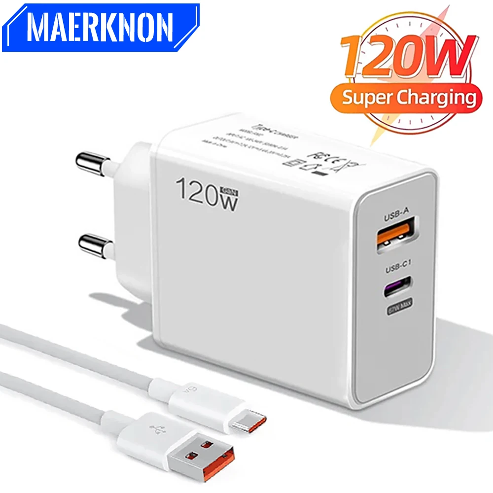 Total 120W USB C Fast Charger Quick Charge Phone Charger Adapter Type  C Cable For iPhone 15 Samsung Xiaomi Huawei Wall Charger