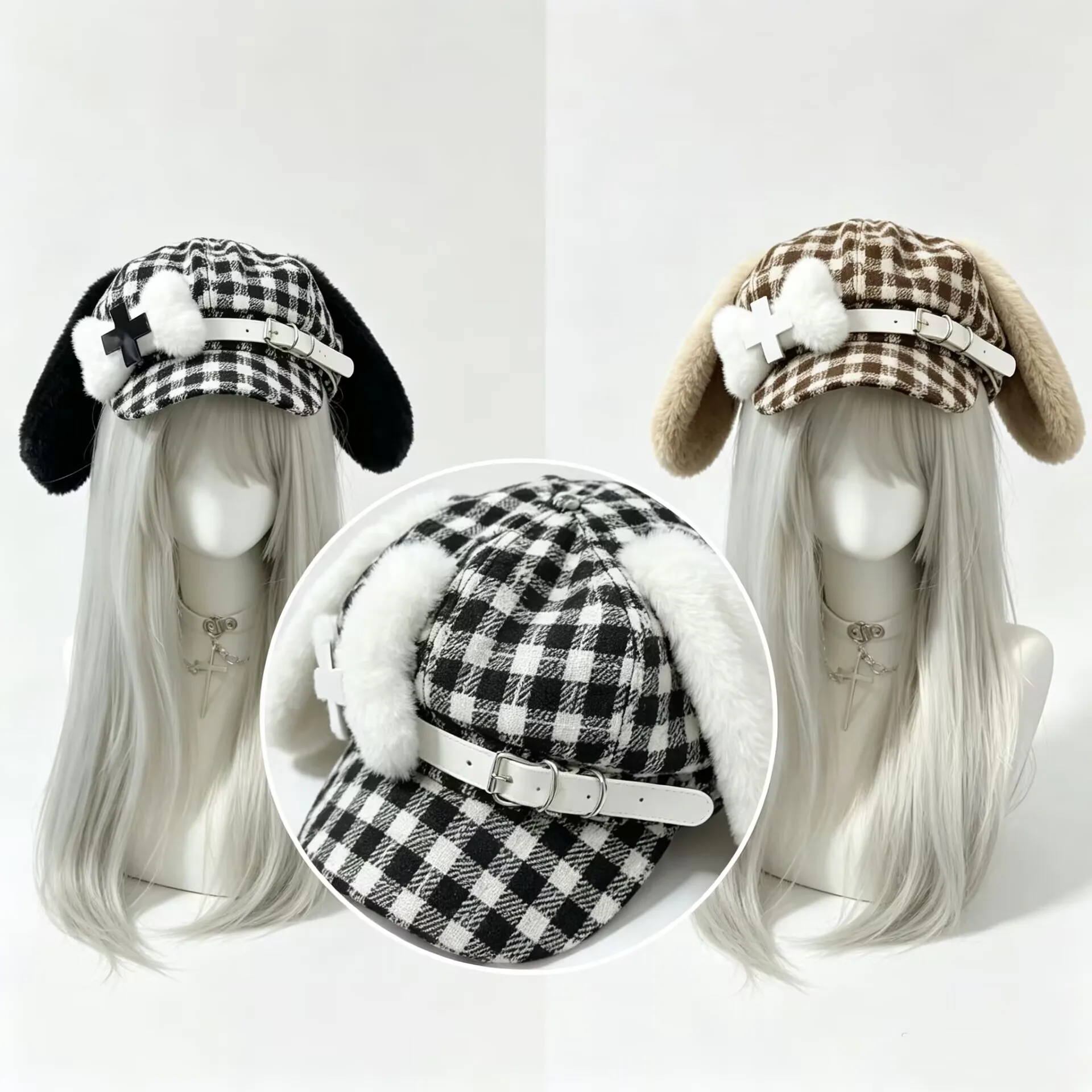 Women Girls Plush Bunny Ears Hat Sweet Lolita Style Cross Bone Decorated Cap Cosplay Party Photo Prop