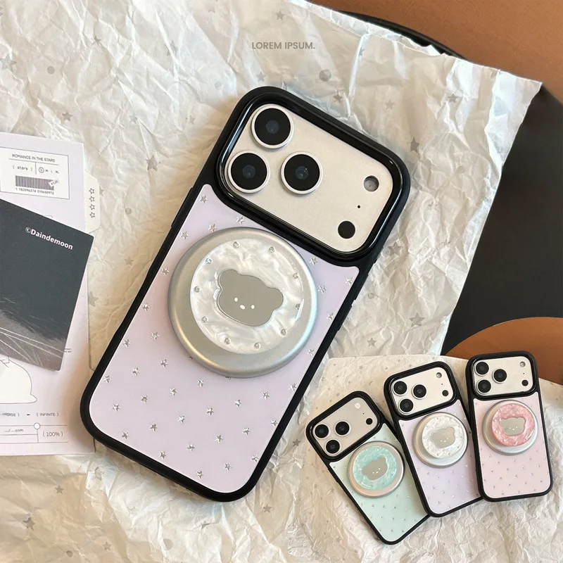 Cute Bear Print Double Sided Magnetic Protective Case PC+TPU Shockproof Anti-drop Cover with Foldable Kickstand for iPhone 17