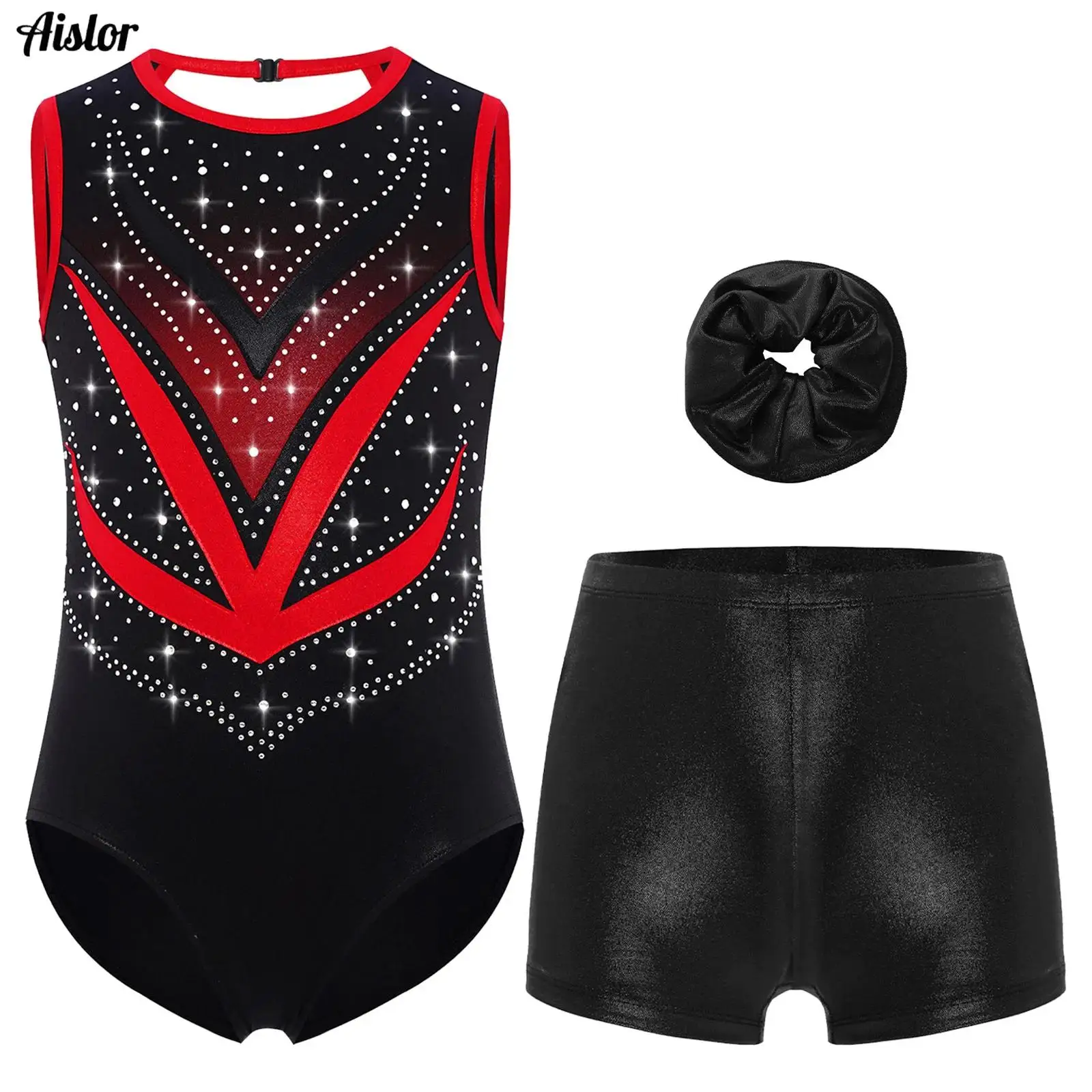 

Kids Girls Gymnastics Leotard Set Sleeveless Crisscross Cutout Back Mesh Shiny Rhinestones Bodysuit+Shorts+Hairband Ballet Dance