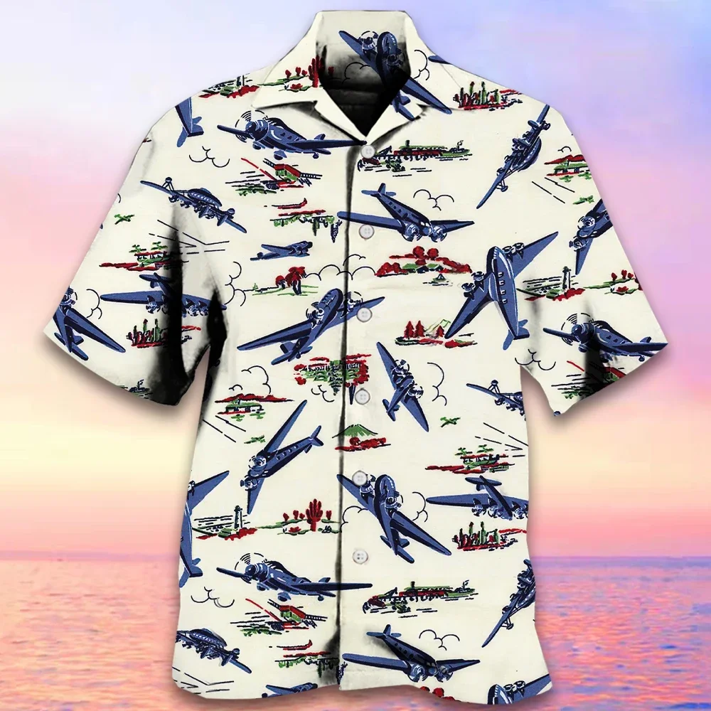 Retro Men's Shirt Airplane Print Hawaiian Shirts For Men Casual Short Sleeve Shirt Fashion Man Clothes Summer Oversized Shirts