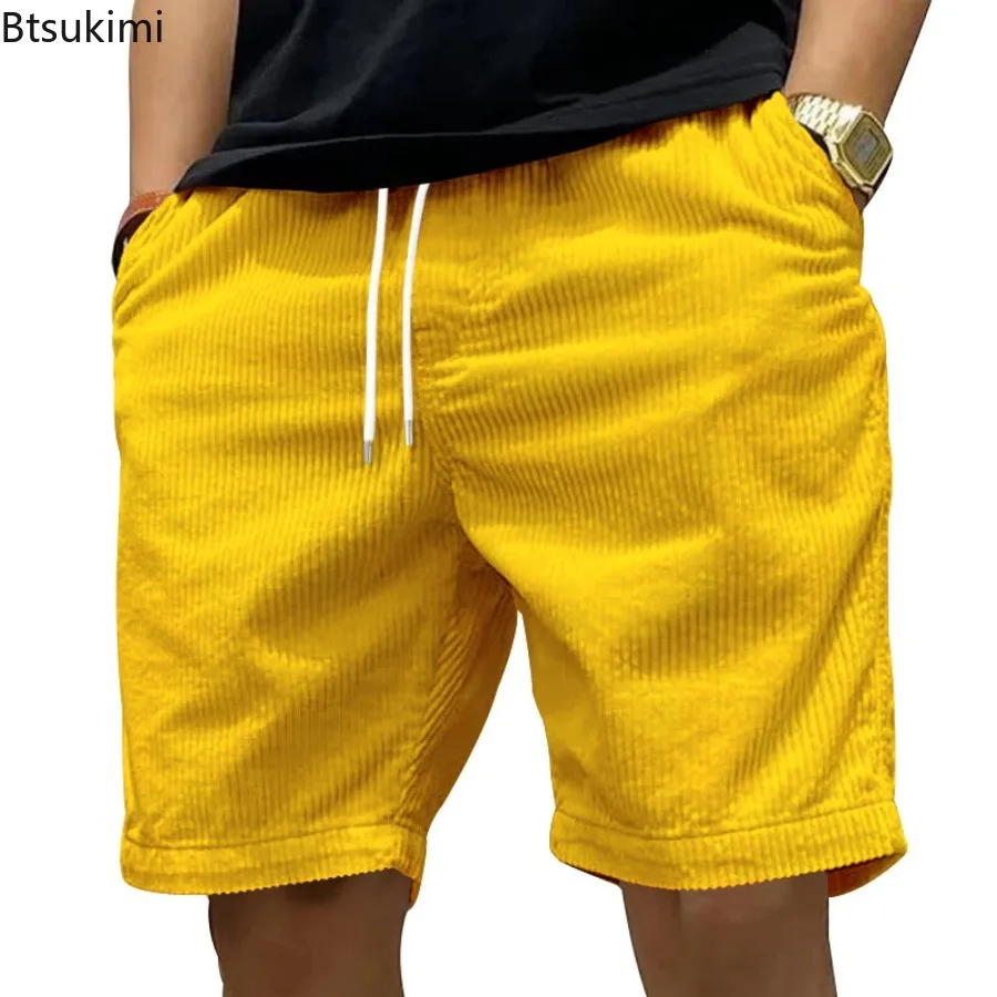 Novo 2025 moda masculina casual veludo shorts amarelo damasco praia shorts plus size masculino cordão meia calças sexy roupas dos homens