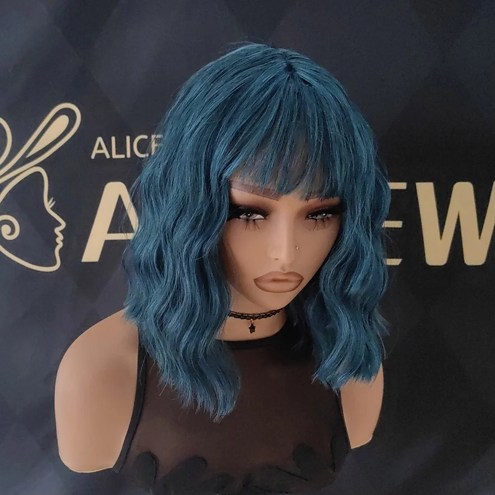 Natural Blue Short Curly Wig for Women - Shoulder Length Wavy Bob with Bangs | Synthetic Heat-Resistant Hair